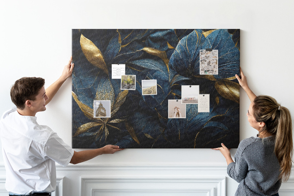 Tableau affichage liège Feuilles dorées sur fond bleu foncé