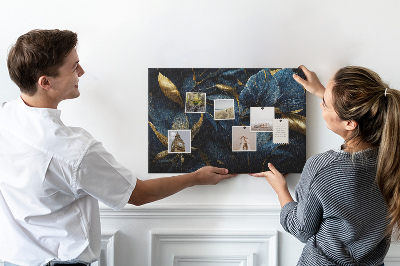 Tableau affichage liège Feuilles dorées sur fond bleu foncé