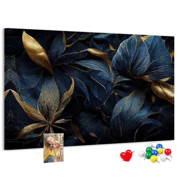 Tableau affichage liège Feuilles dorées sur fond bleu foncé