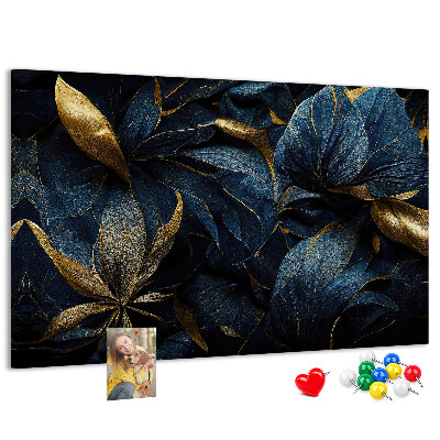 Tableau affichage liège Feuilles dorées sur fond bleu foncé