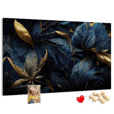 Tableau affichage liège Feuilles dorées sur fond bleu foncé