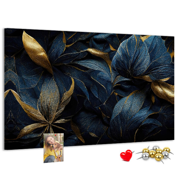 Tableau affichage liège Feuilles dorées sur fond bleu foncé