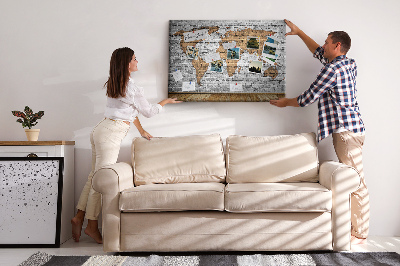 Tableau affichage liège Carte du monde sur un mur de briques