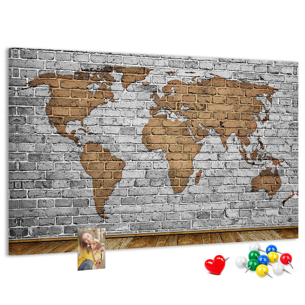 Tableau affichage liège Carte du monde sur un mur de briques