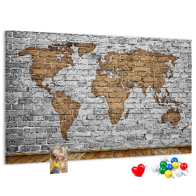 Tableau affichage liège Carte du monde sur un mur de briques