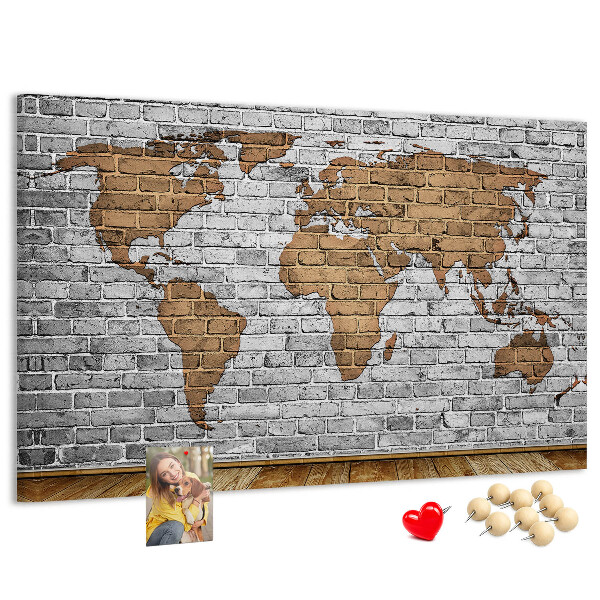 Tableau affichage liège Carte du monde sur un mur de briques