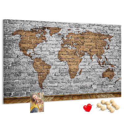 Tableau affichage liège Carte du monde sur un mur de briques