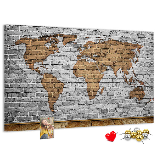 Tableau affichage liège Carte du monde sur un mur de briques