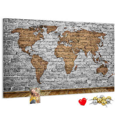 Tableau affichage liège Carte du monde sur un mur de briques