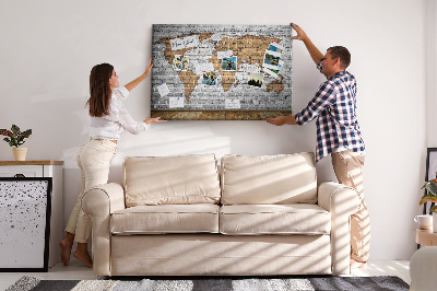 Tableau affichage liège Carte du monde sur un mur de briques