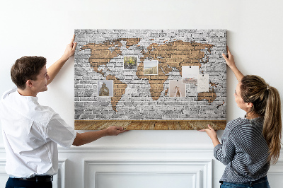 Tableau affichage liège Carte du monde sur un mur de briques