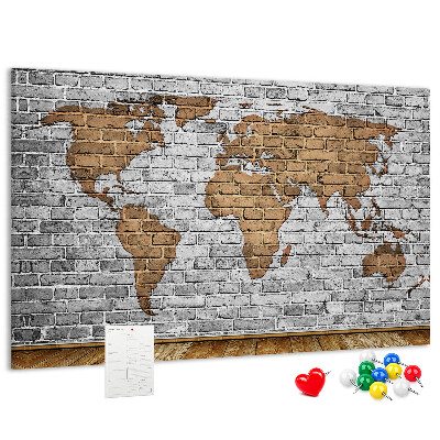Tableau affichage liège Carte du monde sur un mur de briques
