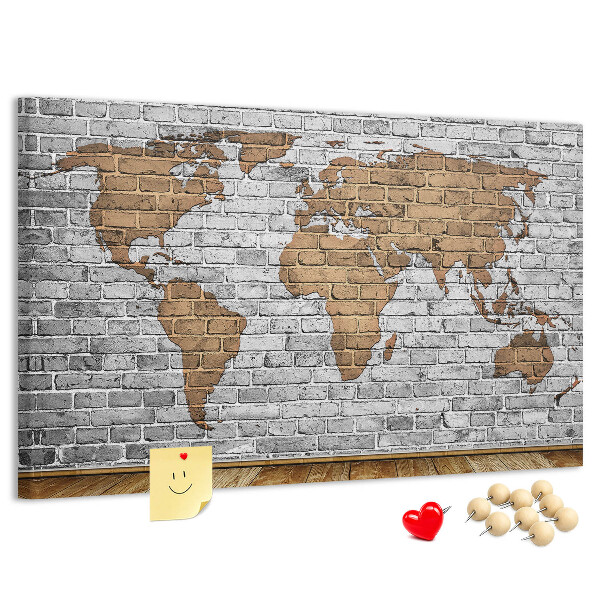 Tableau affichage liège Carte du monde sur un mur de briques