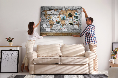 Tableau affichage liège Carte du monde sur un mur de briques