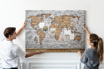 Tableau affichage liège Carte du monde sur un mur de briques
