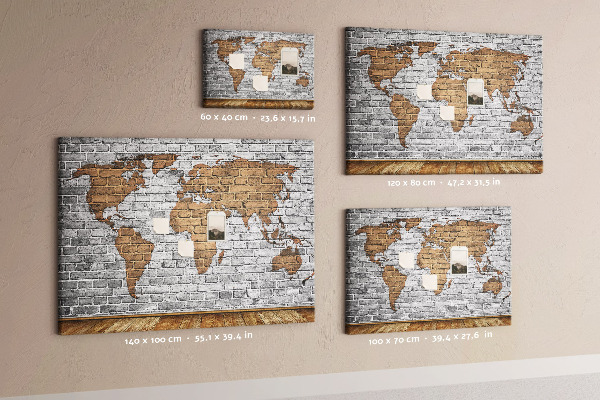 Tableau affichage liège Carte du monde sur un mur de briques