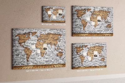 Tableau affichage liège Carte du monde sur un mur de briques