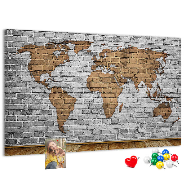Tableau affichage liège Carte du monde sur un mur de briques