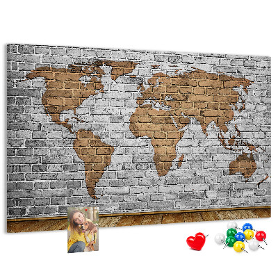 Tableau affichage liège Carte du monde sur un mur de briques