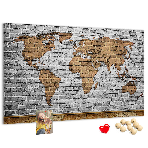 Tableau affichage liège Carte du monde sur un mur de briques