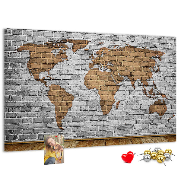 Tableau affichage liège Carte du monde sur un mur de briques