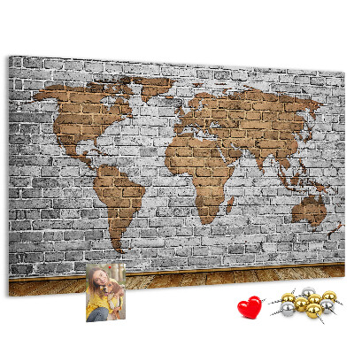 Tableau affichage liège Carte du monde sur un mur de briques