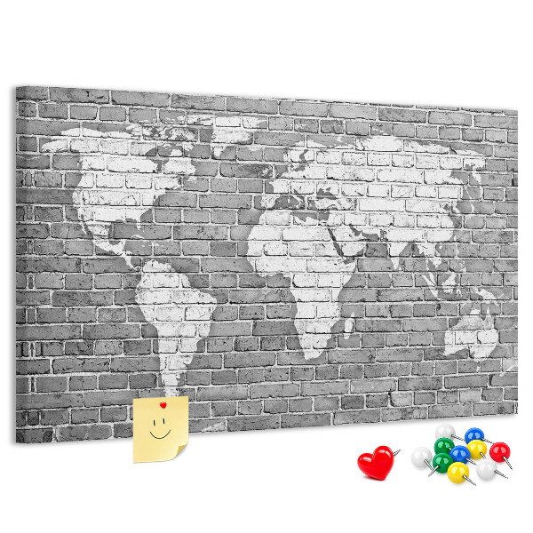 Tableau de liège Carte du monde sur un mur de briques