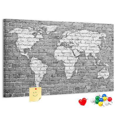 Tableau de liège Carte du monde sur un mur de briques
