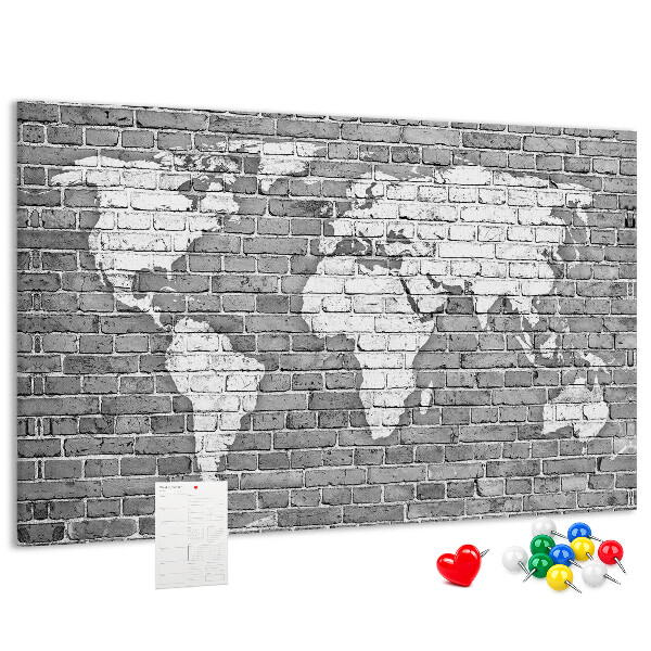 Tableau de liège Carte du monde sur un mur de briques