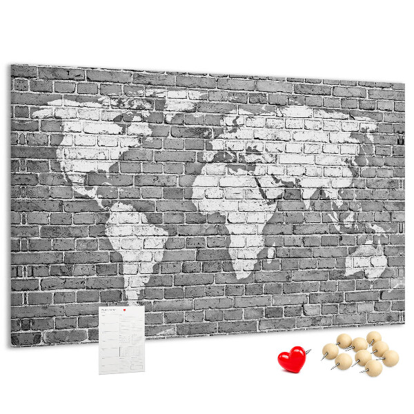 Tableau de liège Carte du monde sur un mur de briques