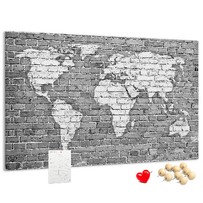 Tableau de liège Carte du monde sur un mur de briques