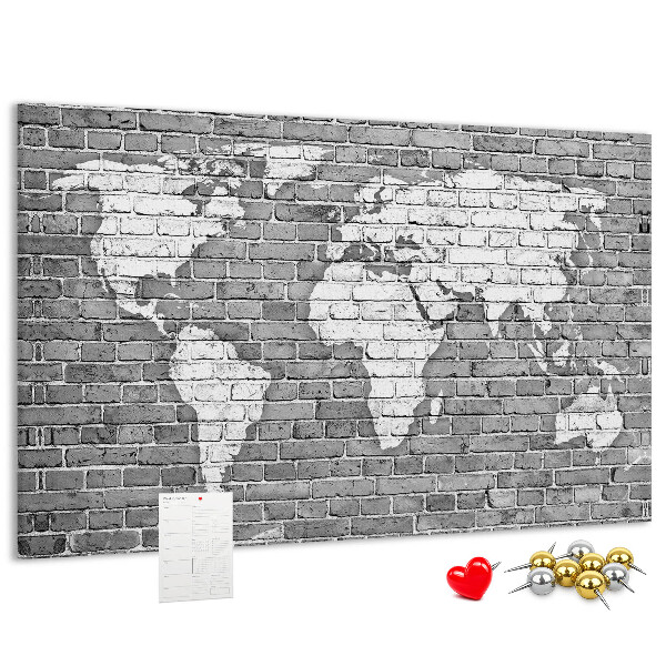 Tableau de liège Carte du monde sur un mur de briques