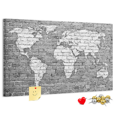Tableau de liège Carte du monde sur un mur de briques