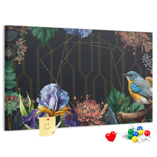 Tableau de liège Motif floral avec un oiseau coloré