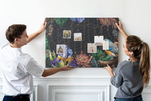 Tableau de liège Motif floral avec un oiseau coloré