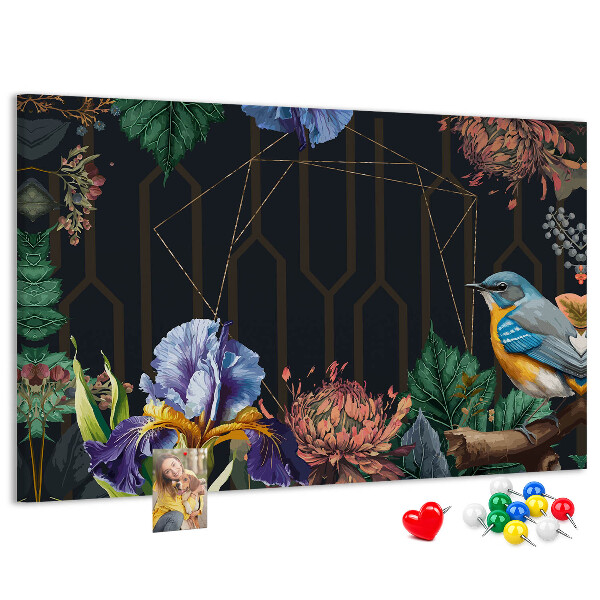 Tableau de liège Motif floral avec un oiseau coloré