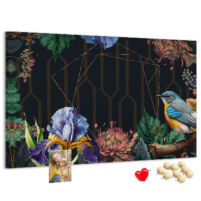 Tableau de liège Motif floral avec un oiseau coloré