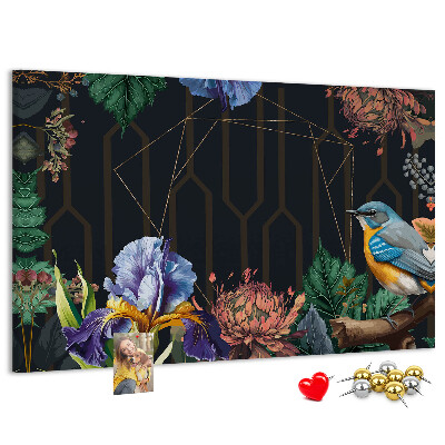 Tableau de liège Motif floral avec un oiseau coloré