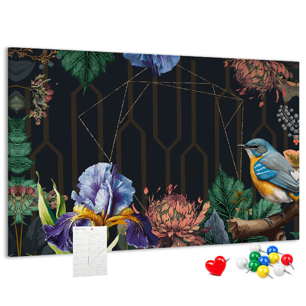 Tableau de liège Motif floral avec un oiseau coloré
