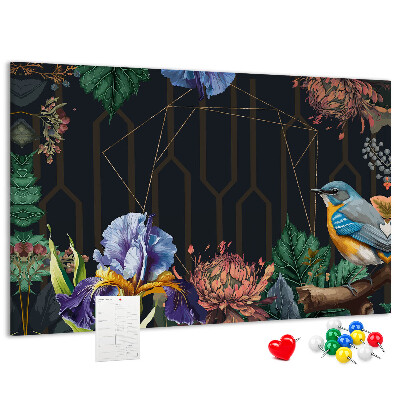 Tableau de liège Motif floral avec un oiseau coloré