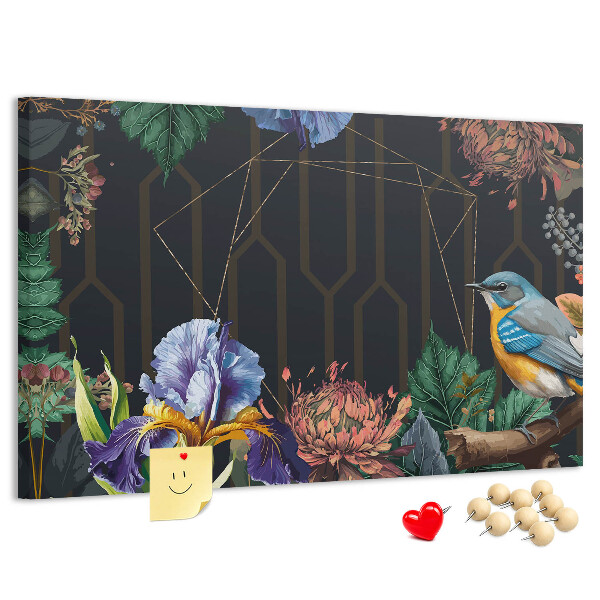 Tableau de liège Motif floral avec un oiseau coloré