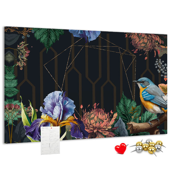 Tableau de liège Motif floral avec un oiseau coloré