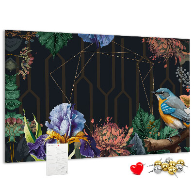 Tableau de liège Motif floral avec un oiseau coloré