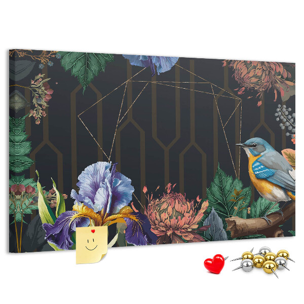 Tableau de liège Motif floral avec un oiseau coloré