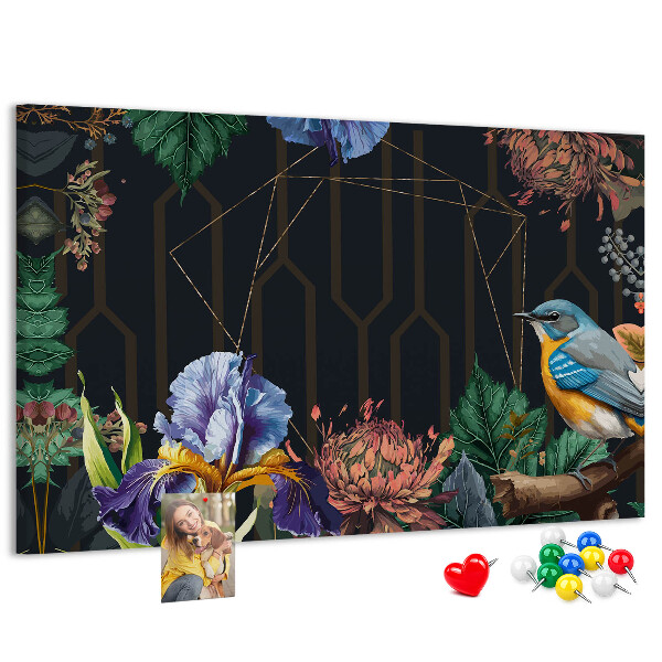 Tableau de liège Motif floral avec un oiseau coloré