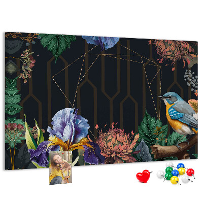 Tableau de liège Motif floral avec un oiseau coloré