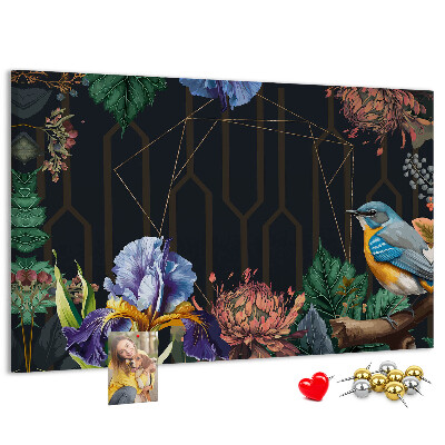 Tableau de liège Motif floral avec un oiseau coloré