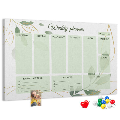 Tableau en liège Agenda hebdomadaire vert avec des touches végétales