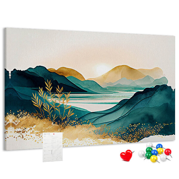 Tableau affichage liège Des collines dorées surplombant un lac paisible