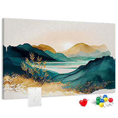 Tableau affichage liège Des collines dorées surplombant un lac paisible
